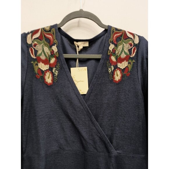 Mystree Women BOHO Dress Small Blue Embroidered Bell Sleeve Casual A Line - Picture 2 of 10